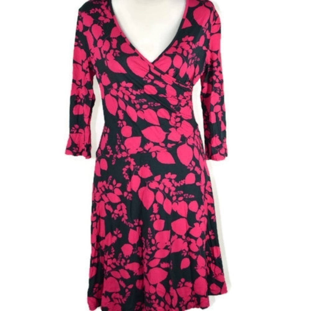 Garnet Hill Black and Hot Pink Floral Midi Wrap Dress